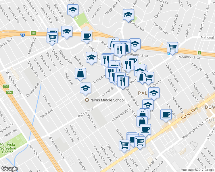 map of restaurants, bars, coffee shops, grocery stores, and more near 3385 Overland Avenue in Los Angeles