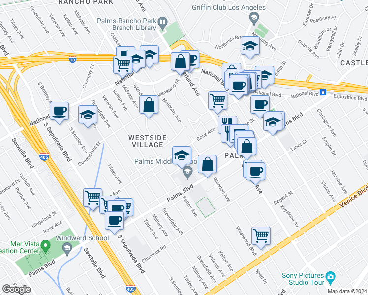 map of restaurants, bars, coffee shops, grocery stores, and more near 10777 Rose Avenue in Los Angeles
