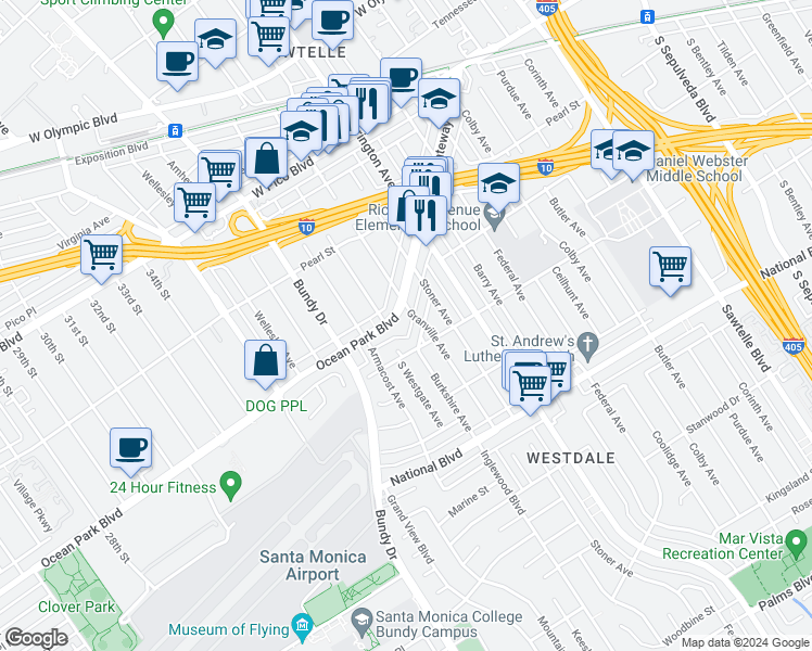 map of restaurants, bars, coffee shops, grocery stores, and more near 11817 Gateway Boulevard in Los Angeles