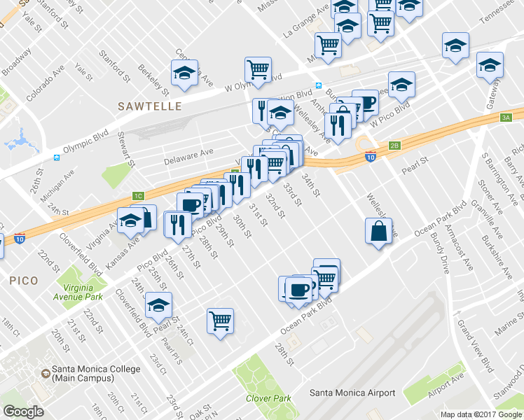 map of restaurants, bars, coffee shops, grocery stores, and more near 3130 Pico Boulevard in Santa Monica