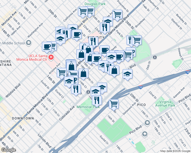 map of restaurants, bars, coffee shops, grocery stores, and more near 1524 19th Street in Santa Monica