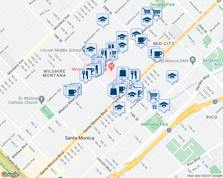 map of restaurants, bars, coffee shops, grocery stores, and more near in Santa Monica