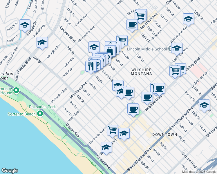 map of restaurants, bars, coffee shops, grocery stores, and more near in Santa Monica