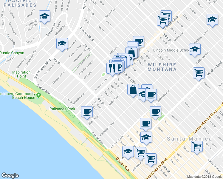 map of restaurants, bars, coffee shops, grocery stores, and more near 529 Montana Avenue in Santa Monica