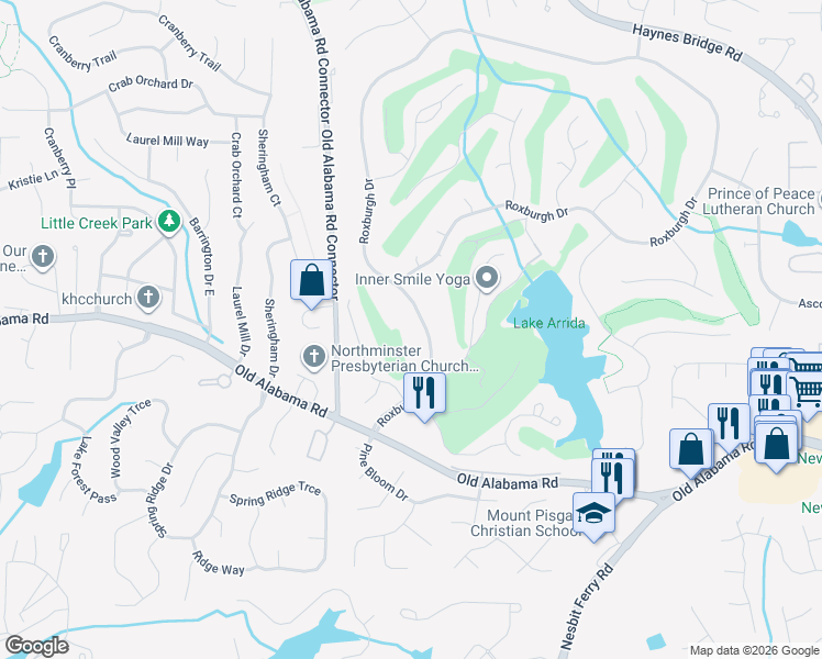 map of restaurants, bars, coffee shops, grocery stores, and more near 2265 Roxburgh Drive in Roswell