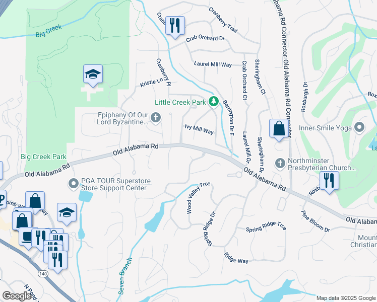map of restaurants, bars, coffee shops, grocery stores, and more near 525 Forest Place in Roswell