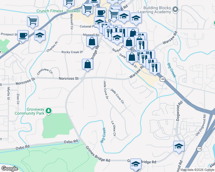 map of restaurants, bars, coffee shops, grocery stores, and more near 735 Warsaw Road in Roswell