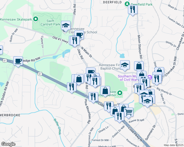 map of restaurants, bars, coffee shops, grocery stores, and more near 2481 Paulding Street in Kennesaw