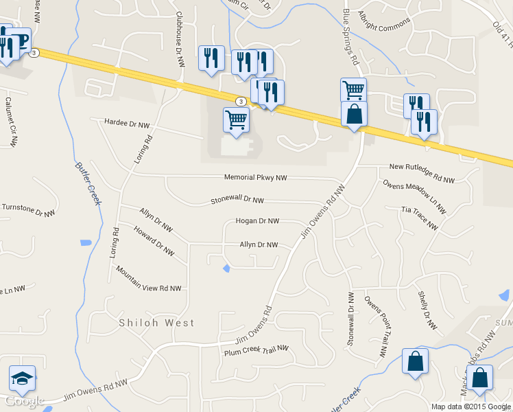 map of restaurants, bars, coffee shops, grocery stores, and more near 3637 Stonewall Drive Northwest in Kennesaw