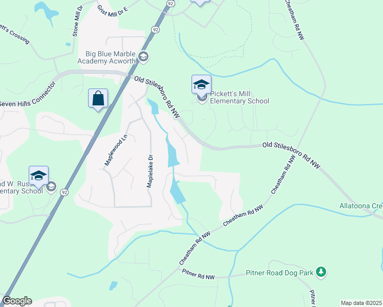 map of restaurants, bars, coffee shops, grocery stores, and more near 6351 Granbury Walk in Acworth