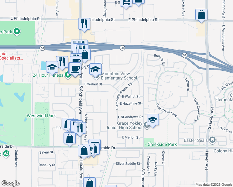 map of restaurants, bars, coffee shops, grocery stores, and more near 2634 South Arcadian Shores Road in Ontario