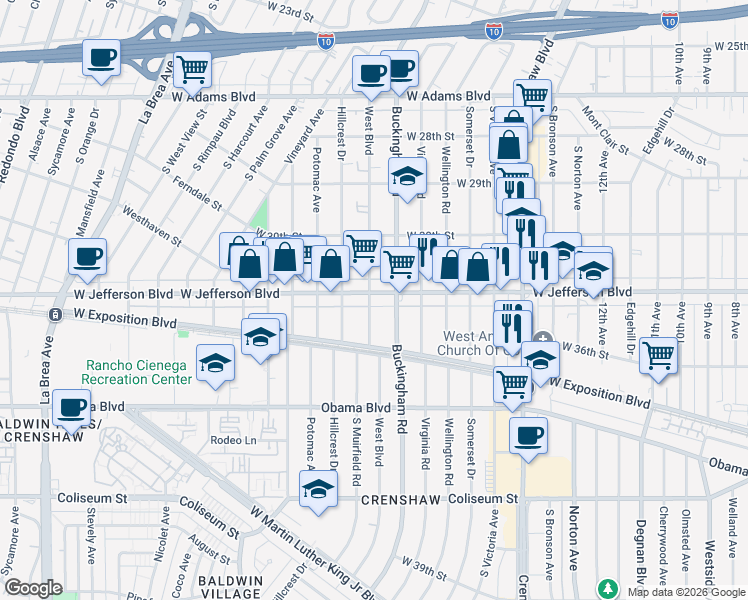 map of restaurants, bars, coffee shops, grocery stores, and more near 4111 West Jefferson Boulevard in Los Angeles