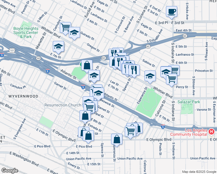 map of restaurants, bars, coffee shops, grocery stores, and more near 3412 East 7th Street in Los Angeles