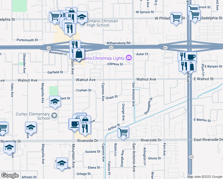 map of restaurants, bars, coffee shops, grocery stores, and more near 1251 Kumquat Place in Chino