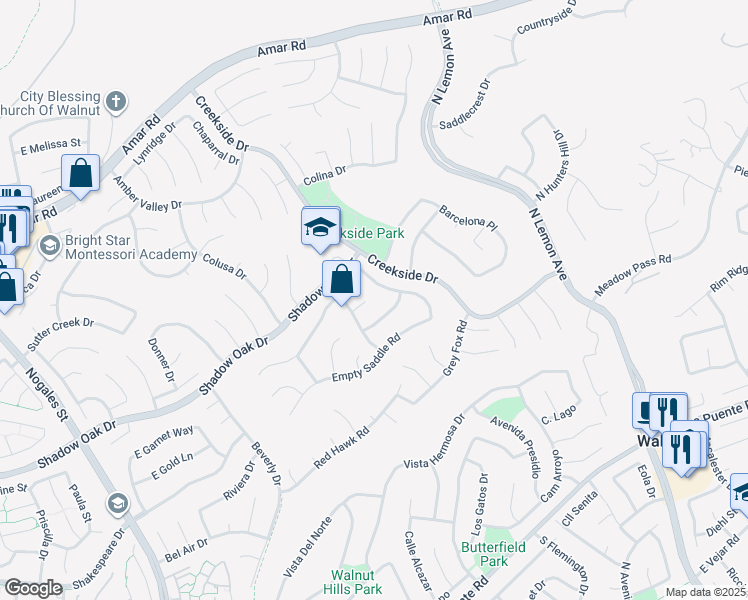 map of restaurants, bars, coffee shops, grocery stores, and more near 728 North Rocking Horse Road in Walnut