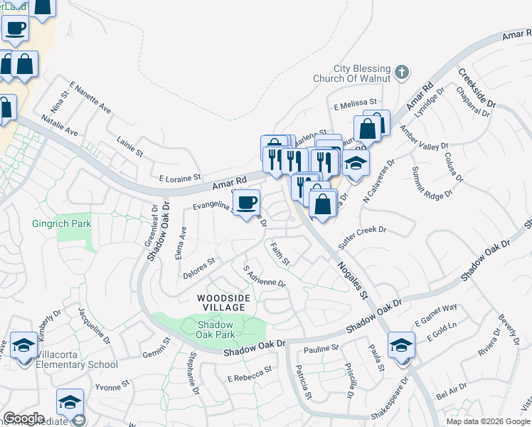 map of restaurants, bars, coffee shops, grocery stores, and more near 2208 Calle Puebla in West Covina