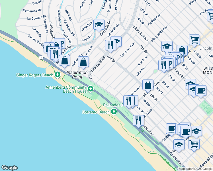 map of restaurants, bars, coffee shops, grocery stores, and more near 115 Marguerita Avenue in Santa Monica