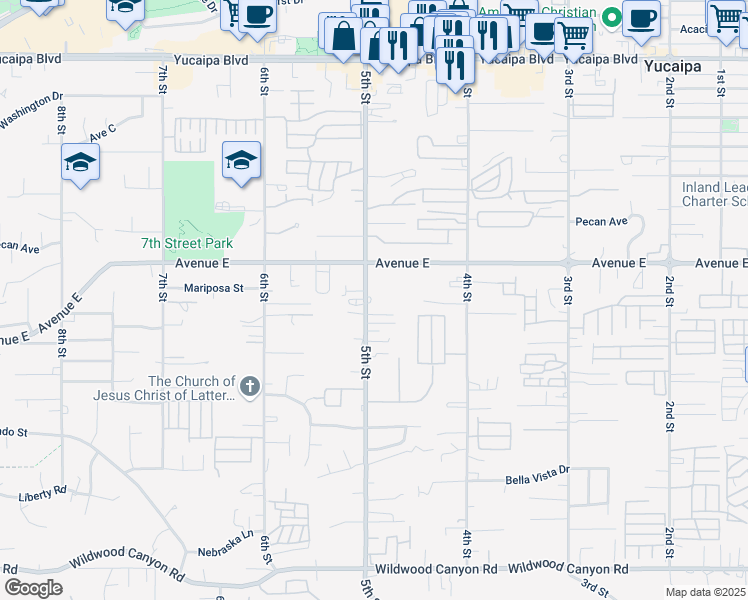 map of restaurants, bars, coffee shops, grocery stores, and more near 12569 5th Street in Yucaipa