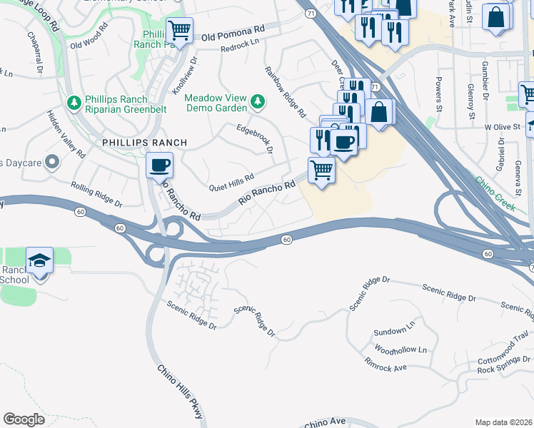 map of restaurants, bars, coffee shops, grocery stores, and more near 15 Town and Country Road in Pomona