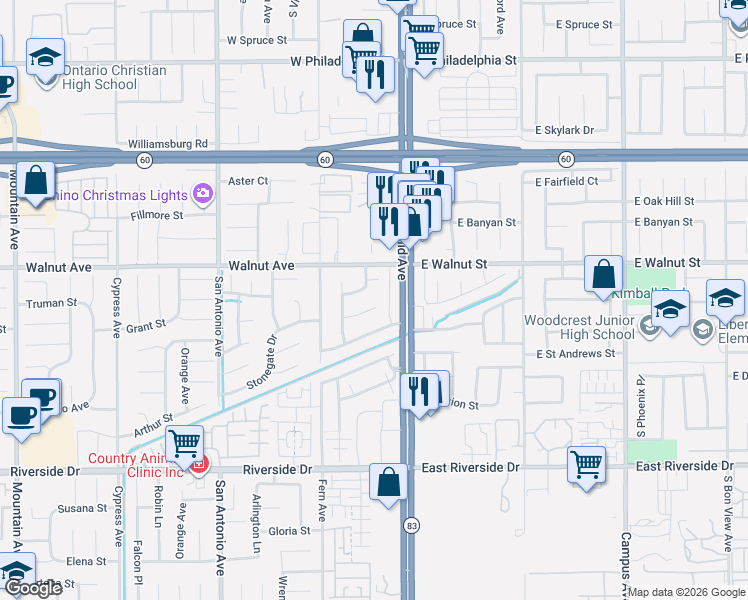 map of restaurants, bars, coffee shops, grocery stores, and more near 114 West Cormorant Drive in Ontario