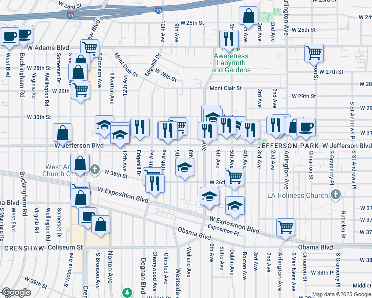 map of restaurants, bars, coffee shops, grocery stores, and more near 3115 8th Avenue in Los Angeles