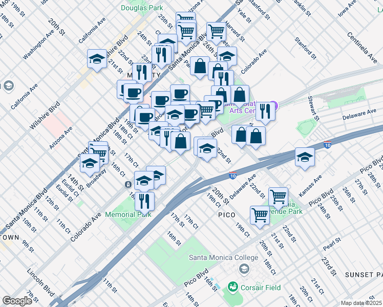 map of restaurants, bars, coffee shops, grocery stores, and more near 2001 Olympic Boulevard in Santa Monica