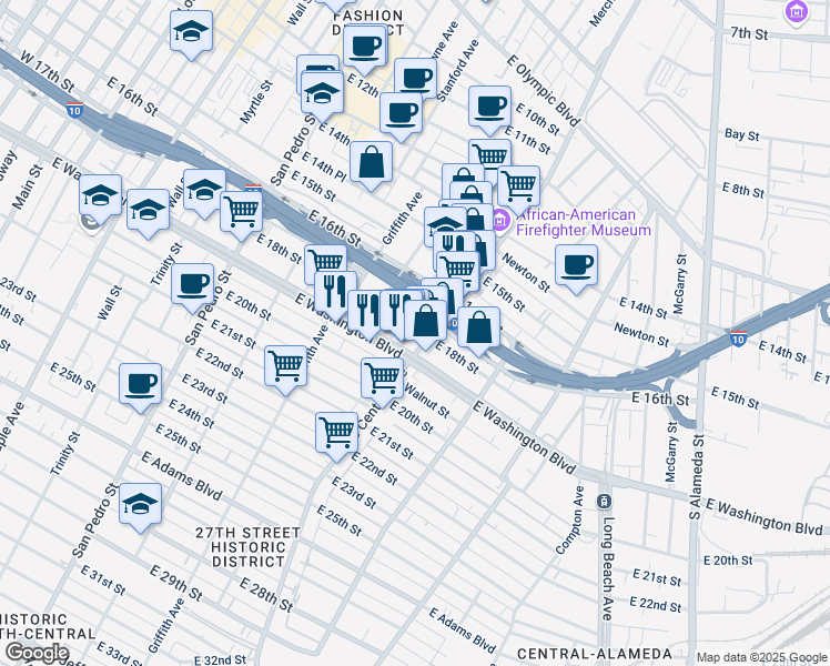 map of restaurants, bars, coffee shops, grocery stores, and more near 1101 East 18th Street in Los Angeles