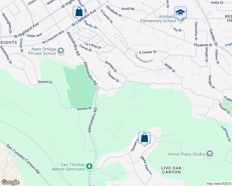 map of restaurants, bars, coffee shops, grocery stores, and more near 1037 West Sunset Drive in Redlands