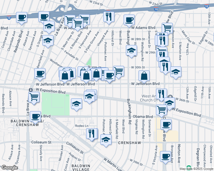 map of restaurants, bars, coffee shops, grocery stores, and more near 3052 Potomac Avenue in Los Angeles
