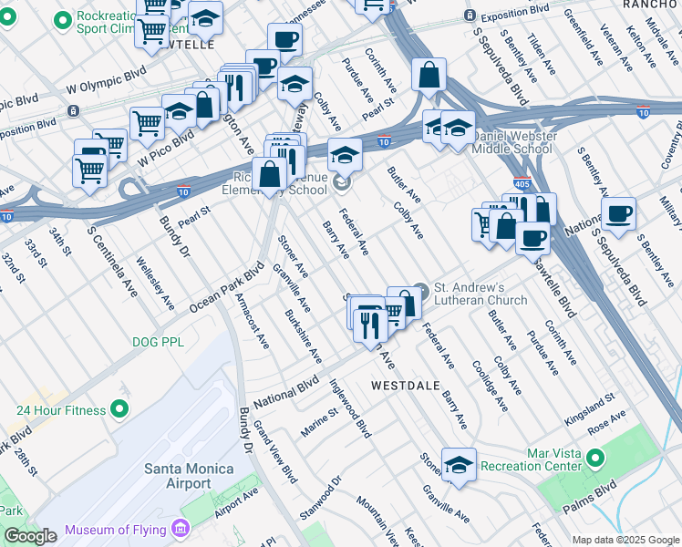 map of restaurants, bars, coffee shops, grocery stores, and more near 2718 South Barrington Avenue in Los Angeles