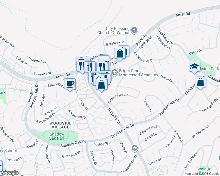 map of restaurants, bars, coffee shops, grocery stores, and more near 778 Francesca Drive in Walnut