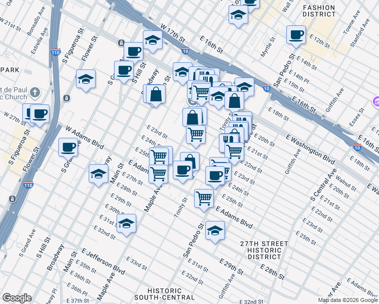 map of restaurants, bars, coffee shops, grocery stores, and more near 2250 Maple Avenue in Los Angeles