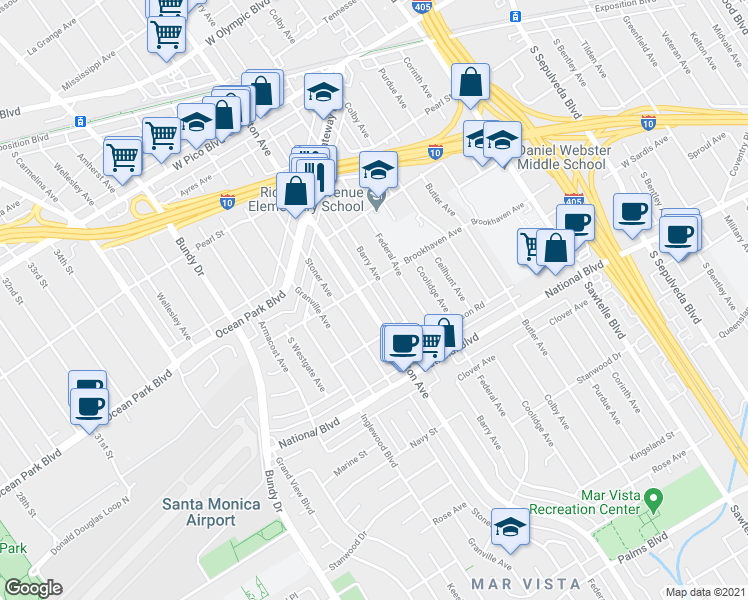 map of restaurants, bars, coffee shops, grocery stores, and more near 2718 South Barrington Avenue in Los Angeles