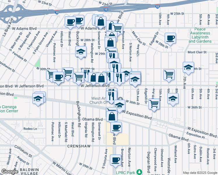 map of restaurants, bars, coffee shops, grocery stores, and more near 3053 South Victoria Avenue in Los Angeles
