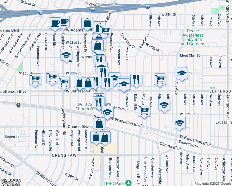 map of restaurants, bars, coffee shops, grocery stores, and more near 3423 West Jefferson Boulevard in Los Angeles