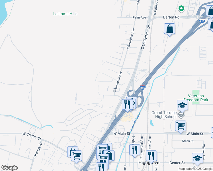 map of restaurants, bars, coffee shops, grocery stores, and more near 251 West Berkeley Court in Colton