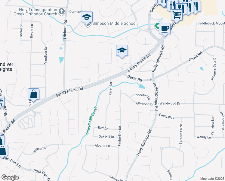 map of restaurants, bars, coffee shops, grocery stores, and more near 3090 Karen Lane in Marietta