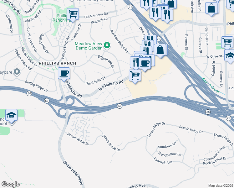 map of restaurants, bars, coffee shops, grocery stores, and more near 44 Carriage Way in Pomona