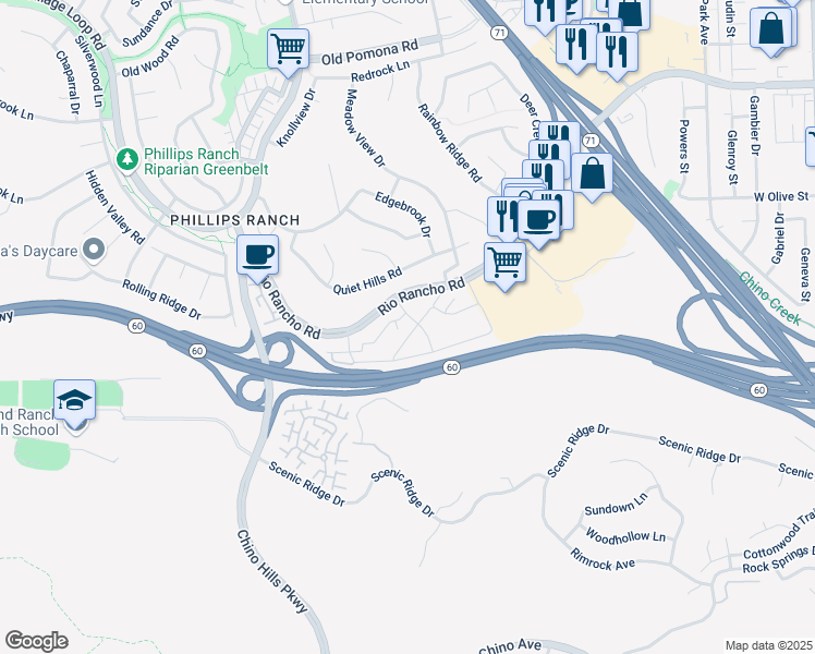 map of restaurants, bars, coffee shops, grocery stores, and more near 8 Town and Country Road in Pomona