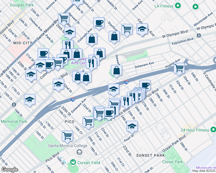 map of restaurants, bars, coffee shops, grocery stores, and more near Christopher Columbus Transcontinental Highway in Santa Monica