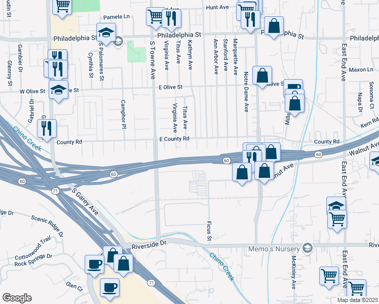 map of restaurants, bars, coffee shops, grocery stores, and more near 2507 Titus Avenue in Pomona