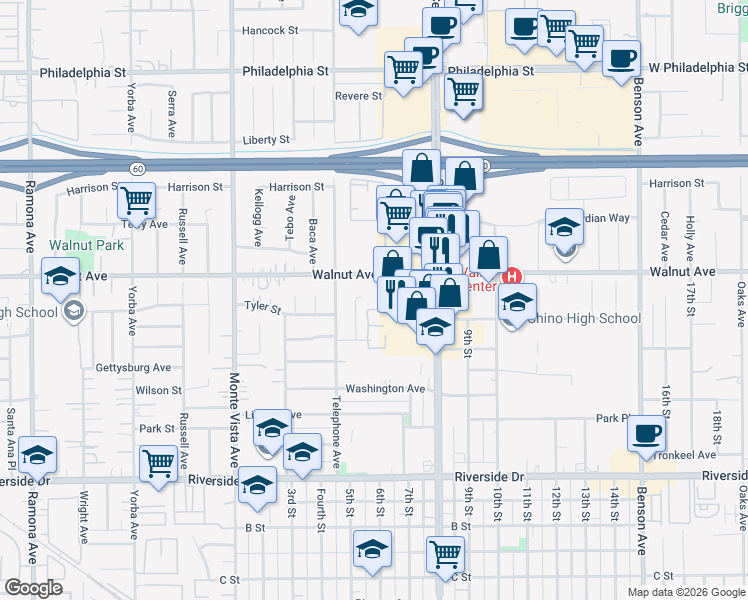 map of restaurants, bars, coffee shops, grocery stores, and more near 5165 Walnut Avenue in Chino
