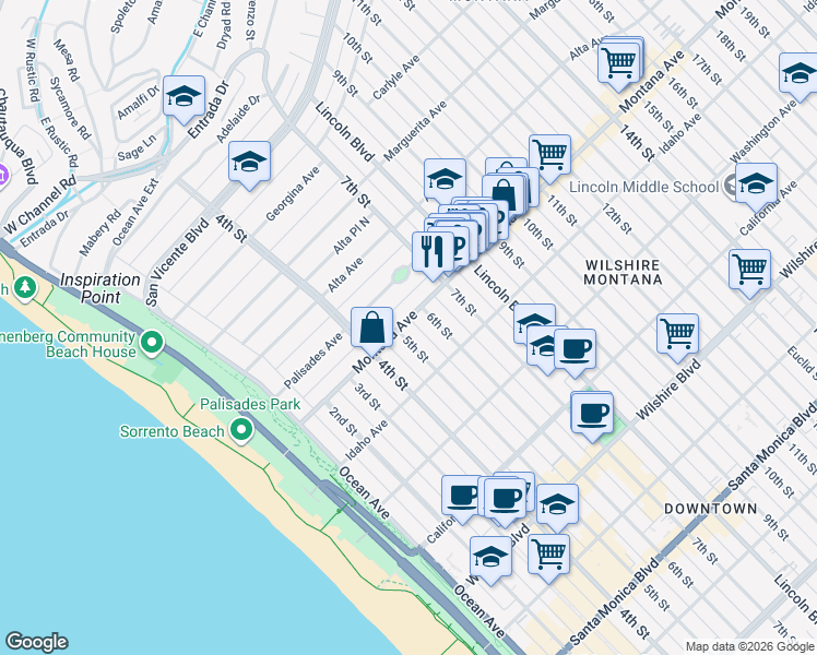 map of restaurants, bars, coffee shops, grocery stores, and more near 508 Montana Avenue in Santa Monica