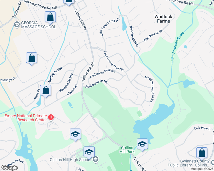 map of restaurants, bars, coffee shops, grocery stores, and more near 2530 Ashbourne Drive Northeast in Lawrenceville