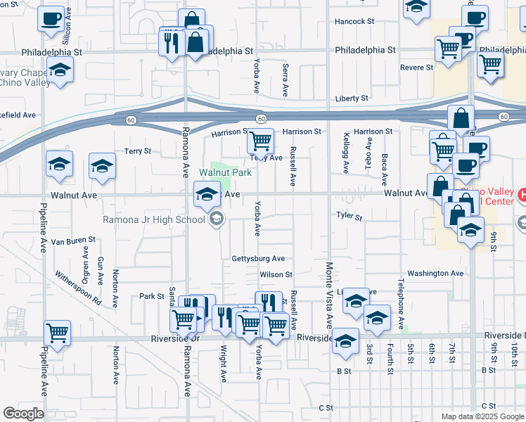 map of restaurants, bars, coffee shops, grocery stores, and more near 12547 Yorba Avenue in Chino