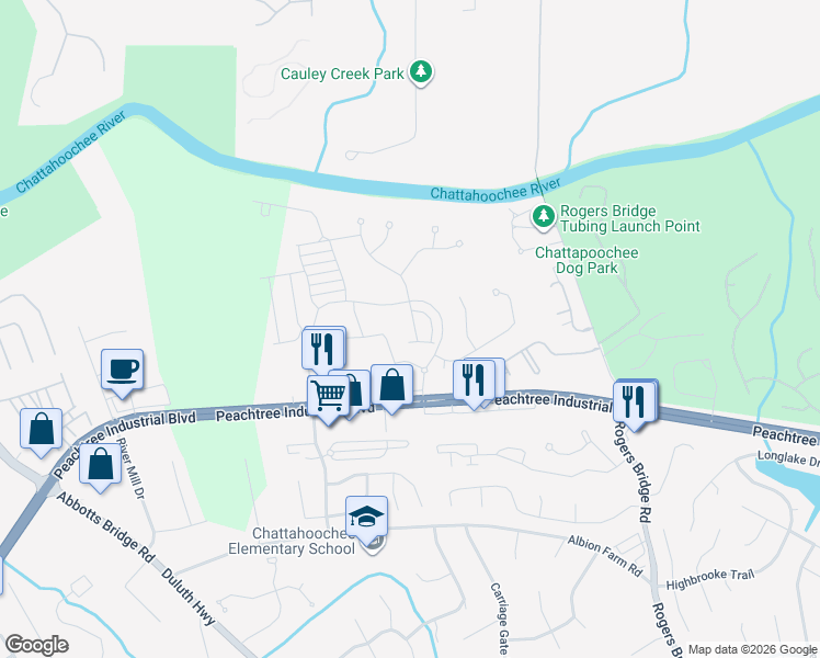 map of restaurants, bars, coffee shops, grocery stores, and more near 2705 Peachtree Industrial Boulevard in Duluth