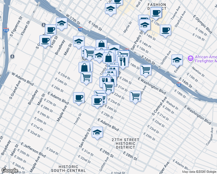 map of restaurants, bars, coffee shops, grocery stores, and more near 2115 Adair Street in Los Angeles