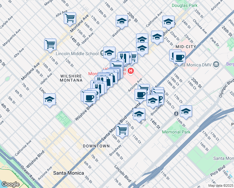 map of restaurants, bars, coffee shops, grocery stores, and more near 1235 Euclid Street in Santa Monica