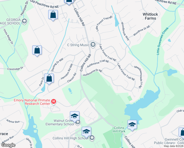 map of restaurants, bars, coffee shops, grocery stores, and more near 2600 Ashbourne Drive Northeast in Lawrenceville