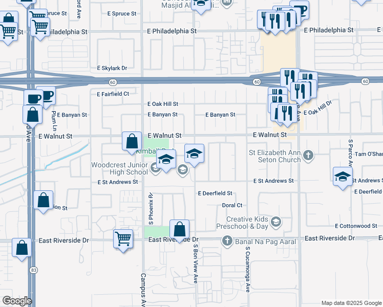 map of restaurants, bars, coffee shops, grocery stores, and more near 2616 South Bon View Avenue in Ontario